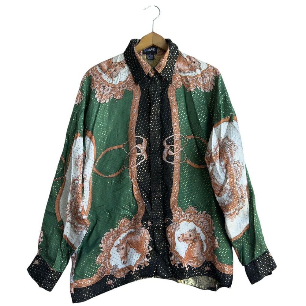 Bravo Silk Blend Baroque Equestrian Horse Shirt Men's M Green Vintage Opulent